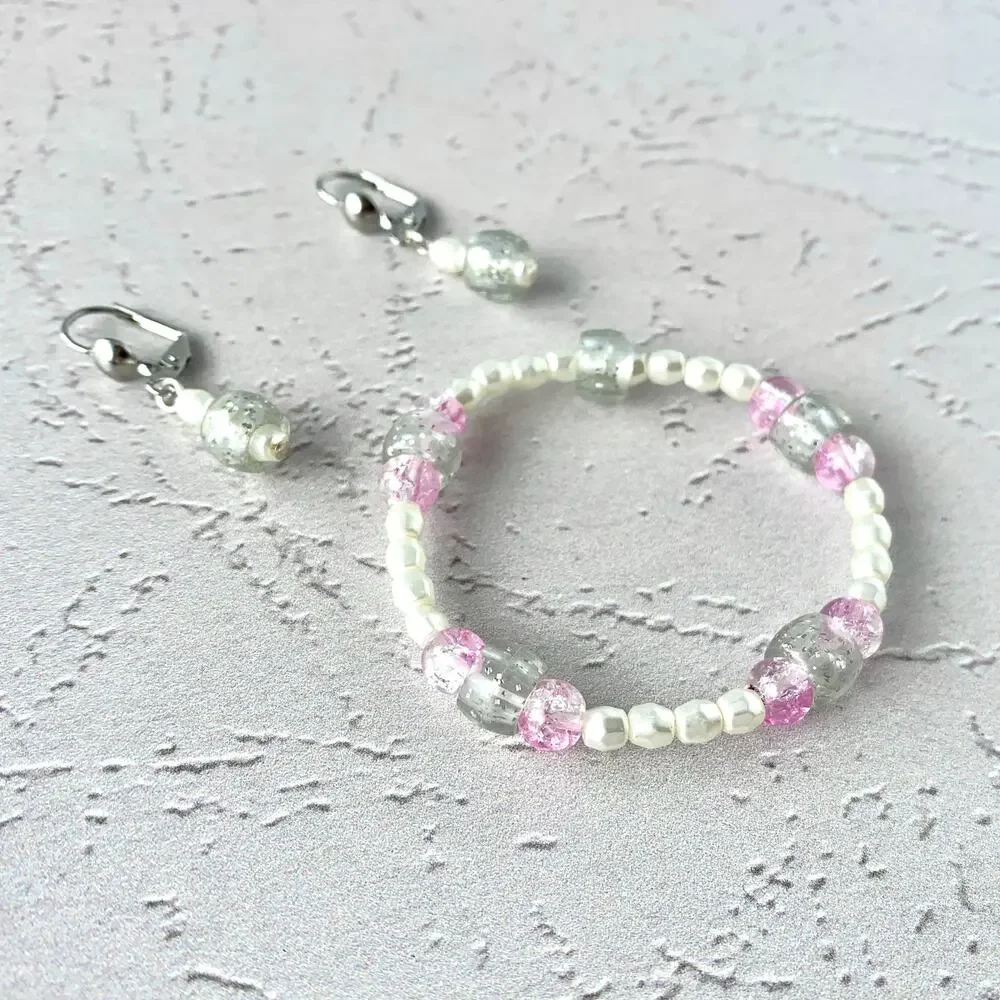 Glitter Princess - Glass Pearl Acrylic Beaded Stretch Bracelet and Earring Set - Picture 2 of 4
